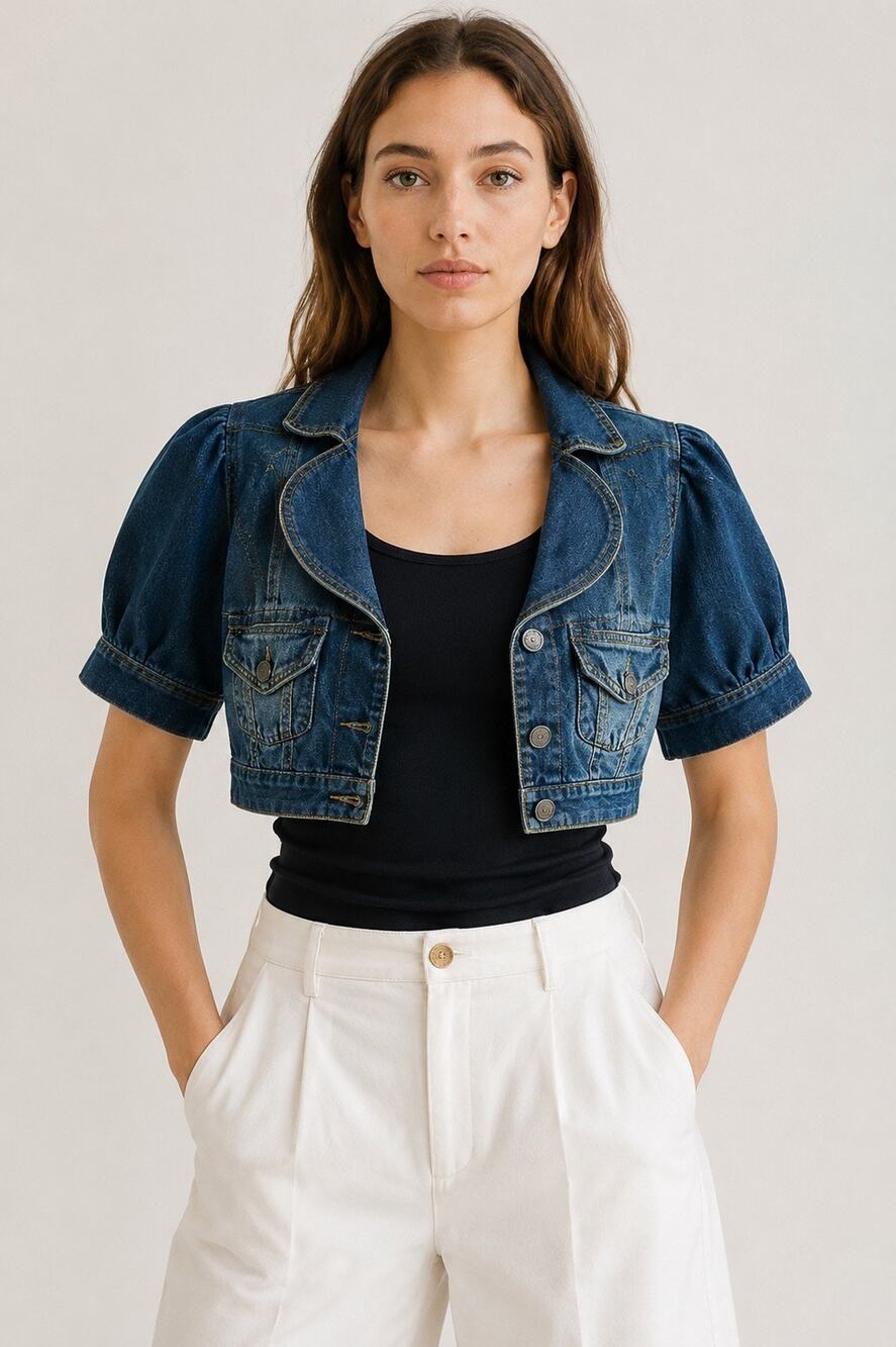 Vintage 90s Kenzo Denim Bolero Jean Jacket – Dark Wash Cropped Puff Sleeve